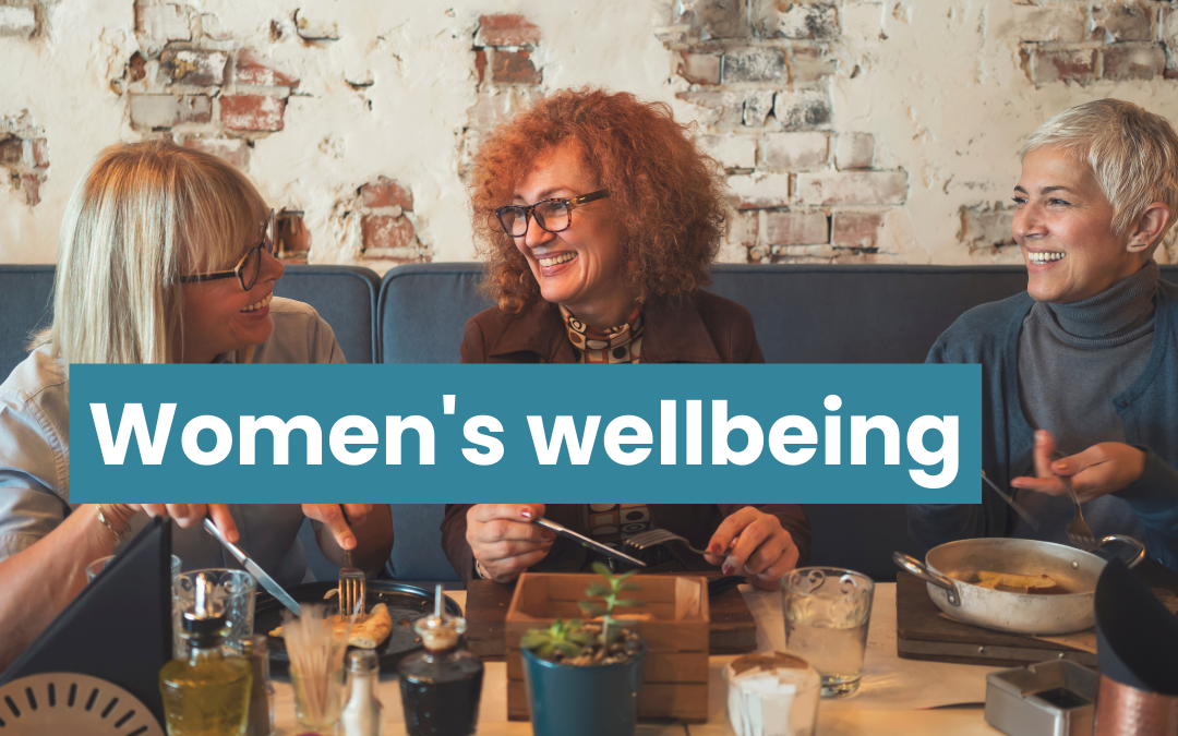 Three women eating lunch in a restaurant. Text reads women's wellbeing.